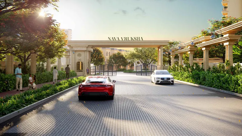 Nava Vruksha main entrance gate and tree-lined entry drive
