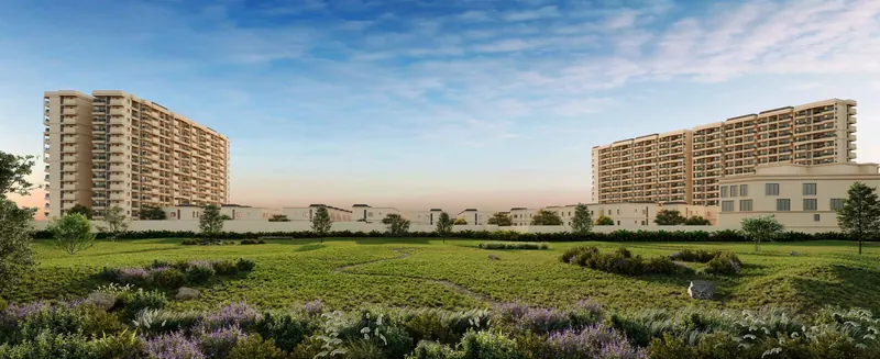 Open landscape with the villa rows and towers in the background