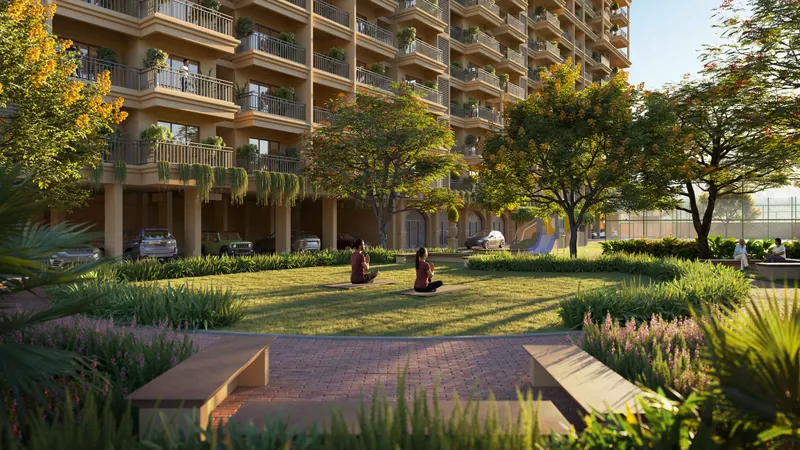Landscaped garden lawn between the apartment towers